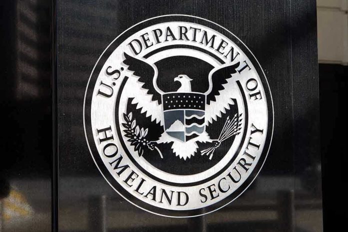 253261450 U.S. Department of Homeland Security emblem on wall.