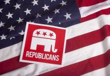 GOP Office Attacked as Tensions Boil Over Republican symbol on American flag background.
