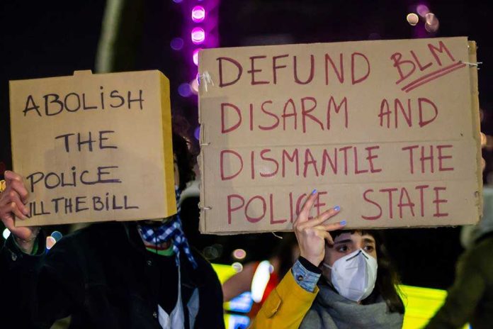 Two individuals holding protest signs with messages about police reform