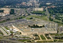 Aerial view of the Pentagon surrounded by highways and urban areas