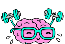 Cartoon brain lifting dumbbells and wearing glasses.