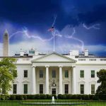 Secret Service Injured as White House Lockdown Unfolds White House under stormy sky with lightning bolts.