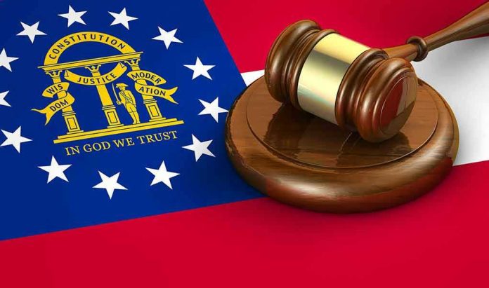 Georgia flag and judges gavel on wooden base.