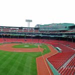 Foul Ball Cracks Fan’s Skull — Is Your Seat Safe? View of an empty Fenway Park baseball stadium with green grass and red seats