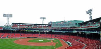 Foul Ball Cracks Fan’s Skull — Is Your Seat Safe? View of an empty Fenway Park baseball stadium with green grass and red seats