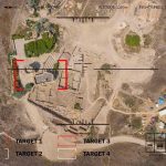 Aerial view through targeting system of ancient ruins.
