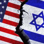 Torn flags of the United States and Israel symbolizing conflict
