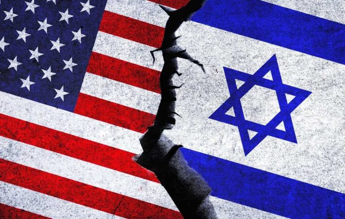 Torn flags of the United States and Israel symbolizing conflict
