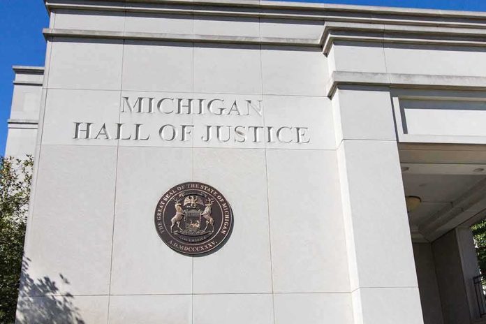 shutterstock_1229690290 Michigan Hall of Justice exterior wall with state seal