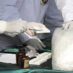 $290 Million in Cocaine Hidden Inside Bananas Scientists in lab coats handling white powder sample with tools