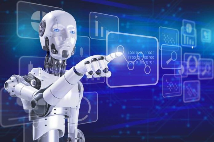 shutterstock_2263436717 A humanoid robot interacting with a digital interface displaying data and graphs