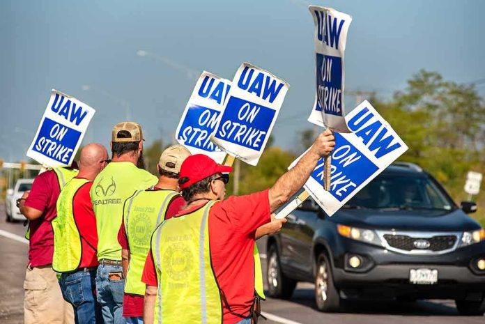 shutterstock_2363802003 Workers holding blue strike signs along a roadside