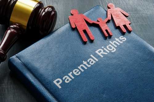 shutterstock_2455569883 A legal document titled 'Parental Rights' with wooden figures representing a family and a gavel