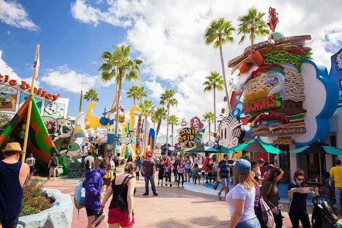 Crowd walking through a cartoon-themed amusement park street