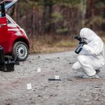 Father-Son Ambush Near Mt. Shasta Forensic investigator photographing evidence near a red car on a rural road