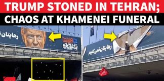 Funeral Crowd Unfurls Threat Against Trump Chaos In Iran Capital: Khamenei Supporters Pelt Stones At Trump's Giant Banner During Tehran Funeral