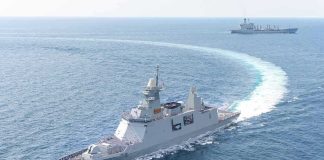 South China Sea Drift Nightmare naval warship making a sharp turn at sea