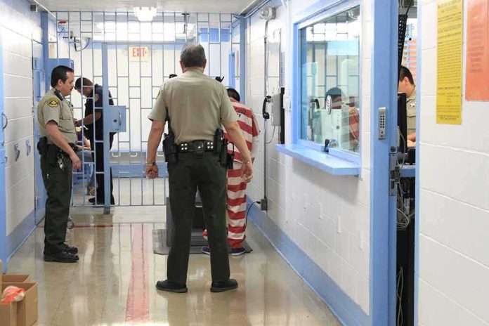 shutterstock_1546715348 Corrections officers escort an inmate in a jail hallway