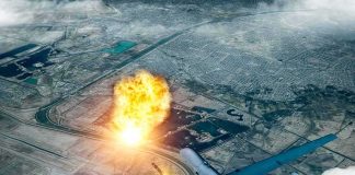 military drone launching missile over cityscape