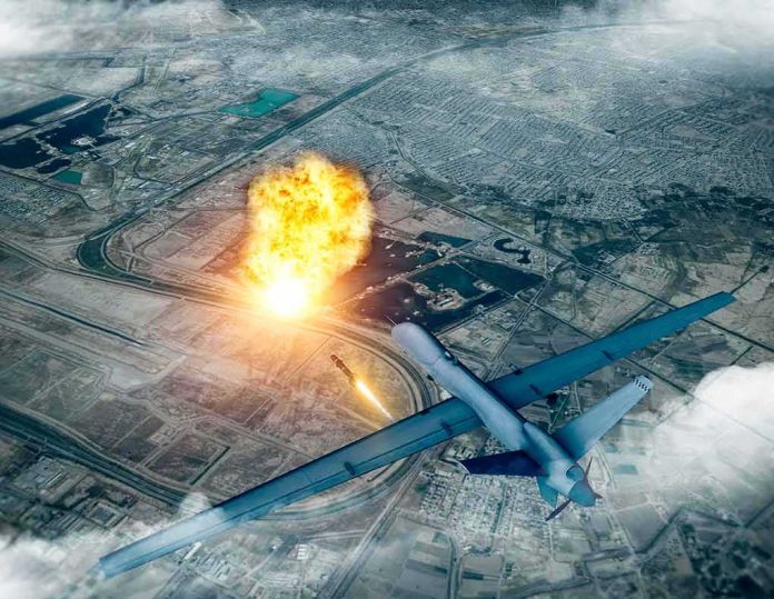 military drone launching missile over cityscape