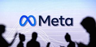 Social Media Giant Hit With $16.7B Deal Meta logo with silhouetted people using devices