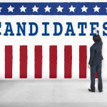 Texas Endorsement, California Drag — Coexist Man in suit writing on wall with word candidates and patriotic design
