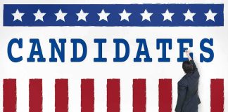 Texas Endorsement, California Drag — Coexist Man in suit writing on wall with word candidates and patriotic design