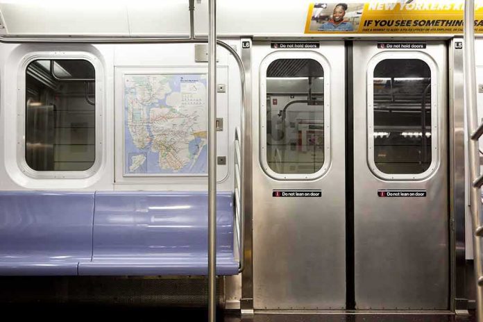 shutterstock_573186778 Subway car interior with stainless doors and empty blue bench