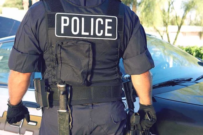 shutterstock_673940197 Police officer in tactical vest standing by patrol car