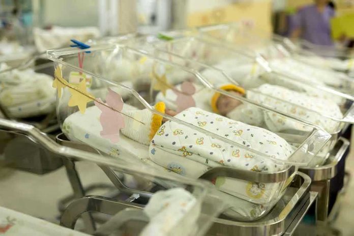 Newborn babies in a hospital nursery.