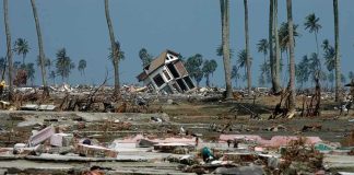 Tilted house amid widespread coastal destruction with palm trees