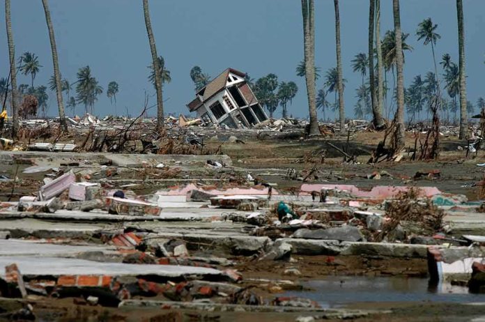 shutterstock_1024465444 Tilted house amid widespread coastal destruction with palm trees