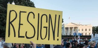 Merle Wasmuth at protest holding large yellow 'RESIGN!' sign near the White House