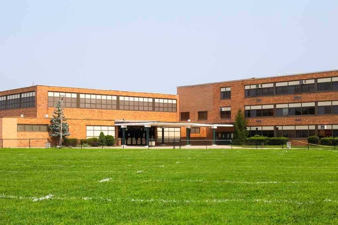 Brick school building with large windows and front entrance