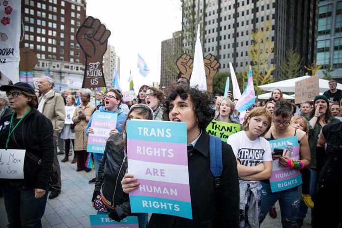 shutterstock_1235860834 Protesters holding signs at a transgender rights rally
