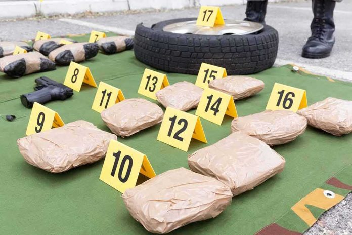 Evidence markers with wrapped packages, tire, and handgun at a crime scene