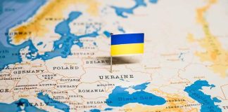 Loan Loophole Turbocharges Ukraine’s Air Shield Ukraine flag pin on a map of Eastern Europe