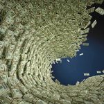 Tornado of US dollar bills swirling into a vortex