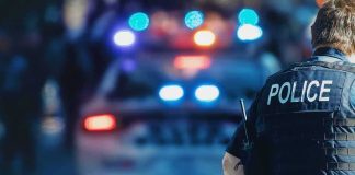 police officer in vest near patrol car with flashing lights