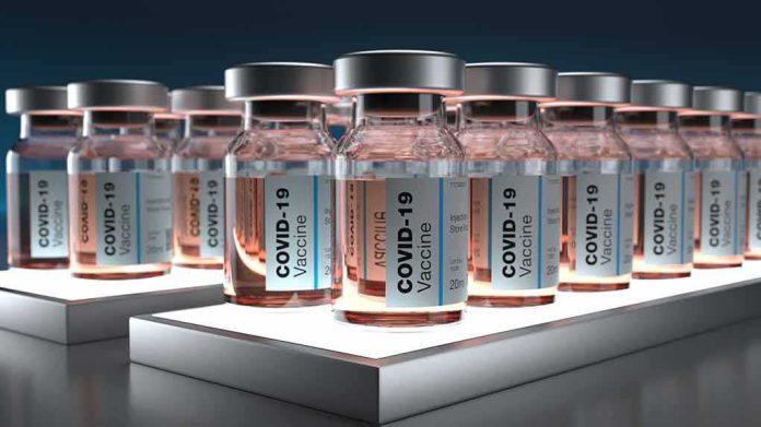 shutterstock_1851633271 COVID-19 vaccine vials arranged in rows on illuminated shelves