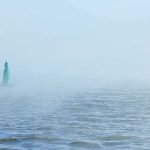 Green buoy in foggy sea