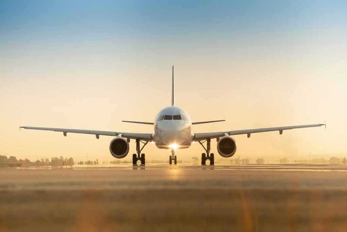 shutterstock_1889546404 Airplane on runway at sunrise