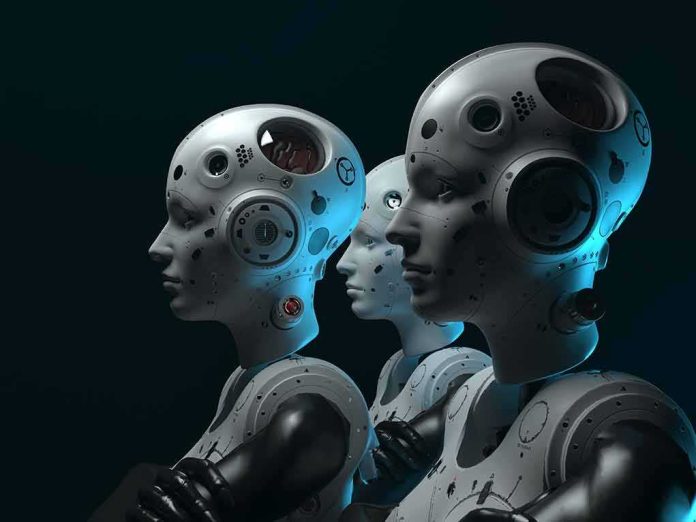 shutterstock_1937010166 row of humanoid robots with mechanical heads in profile