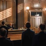 judge presiding in a courtroom with people standing before the bench