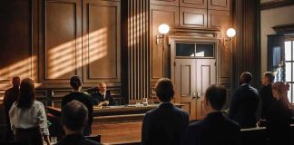judge presiding in a courtroom with people standing before the bench