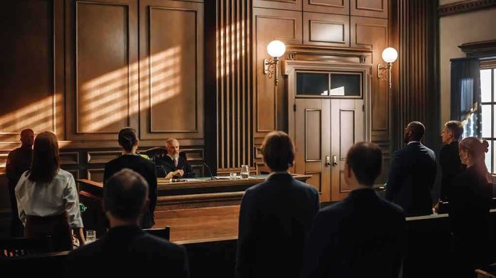shutterstock_2056433756 judge presiding in a courtroom with people standing before the bench