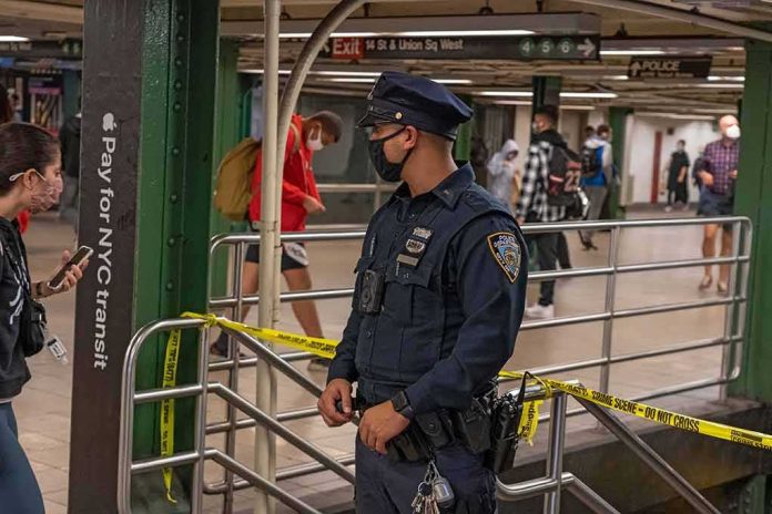 Police officer stands in a subway station near caution tape