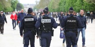 Police officers walking in a park among pedestrians