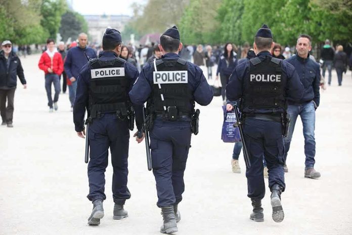 shutterstock_245845888 Police officers walking in a park among pedestrians