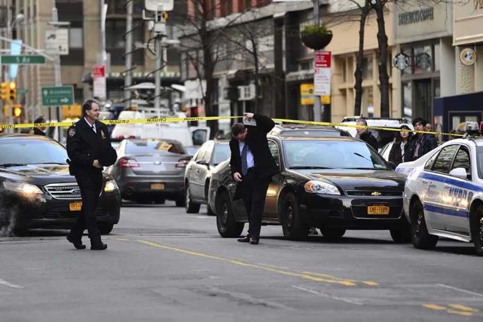 Police officers manage a taped-off city street with patrol cars and bystanders